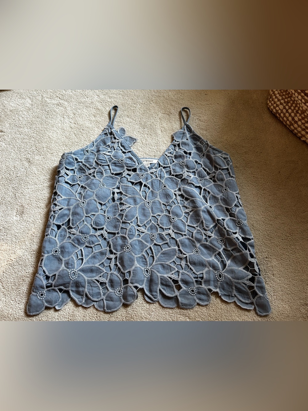 Anthropologie Gray Blue Floral Lace Overlay Tank w/flaw